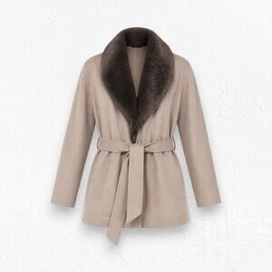 Talbots Beige Merino Wool Belted Cardigan Faux Fur Collar Sweater Size Large